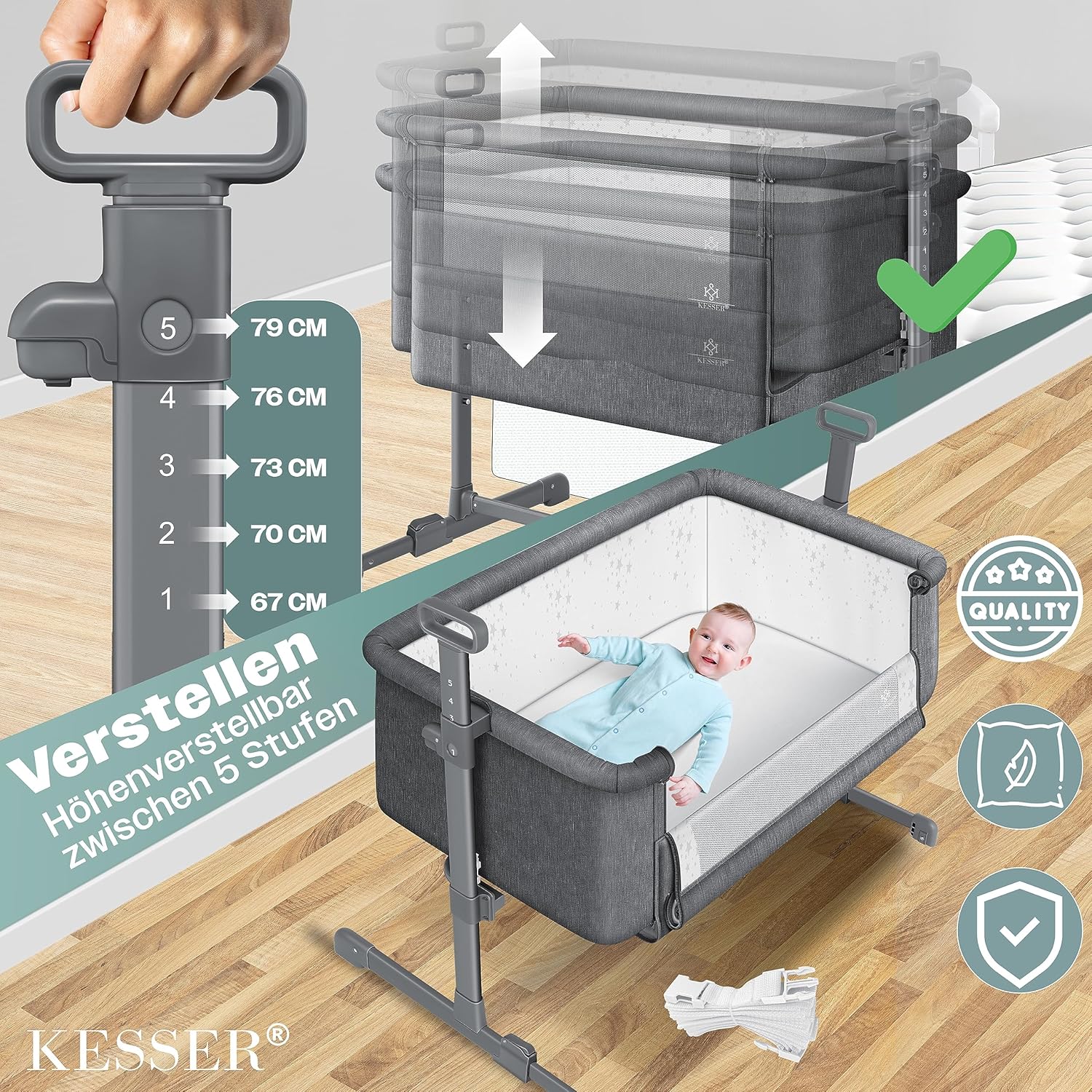 KESSER® 3in1 Ledikant - Babybed - Verstelbaar - Inklapbaar - Grijs •
