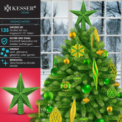 KESSER® Kerstballen, 135-delige set, met piek, kunststof kerstballen, onbreekbaar, met plastic kerstballen, box, kerstboomdecoratie en kerstboomversiering, groen/goud