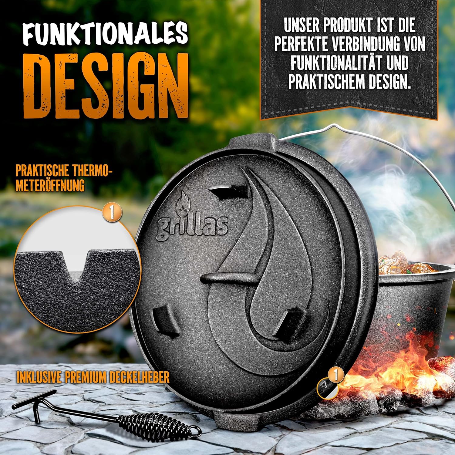 Grillas® Dutch Oven Set - 9L - Vuurpan - Stoofpan - Gietijzeren pan