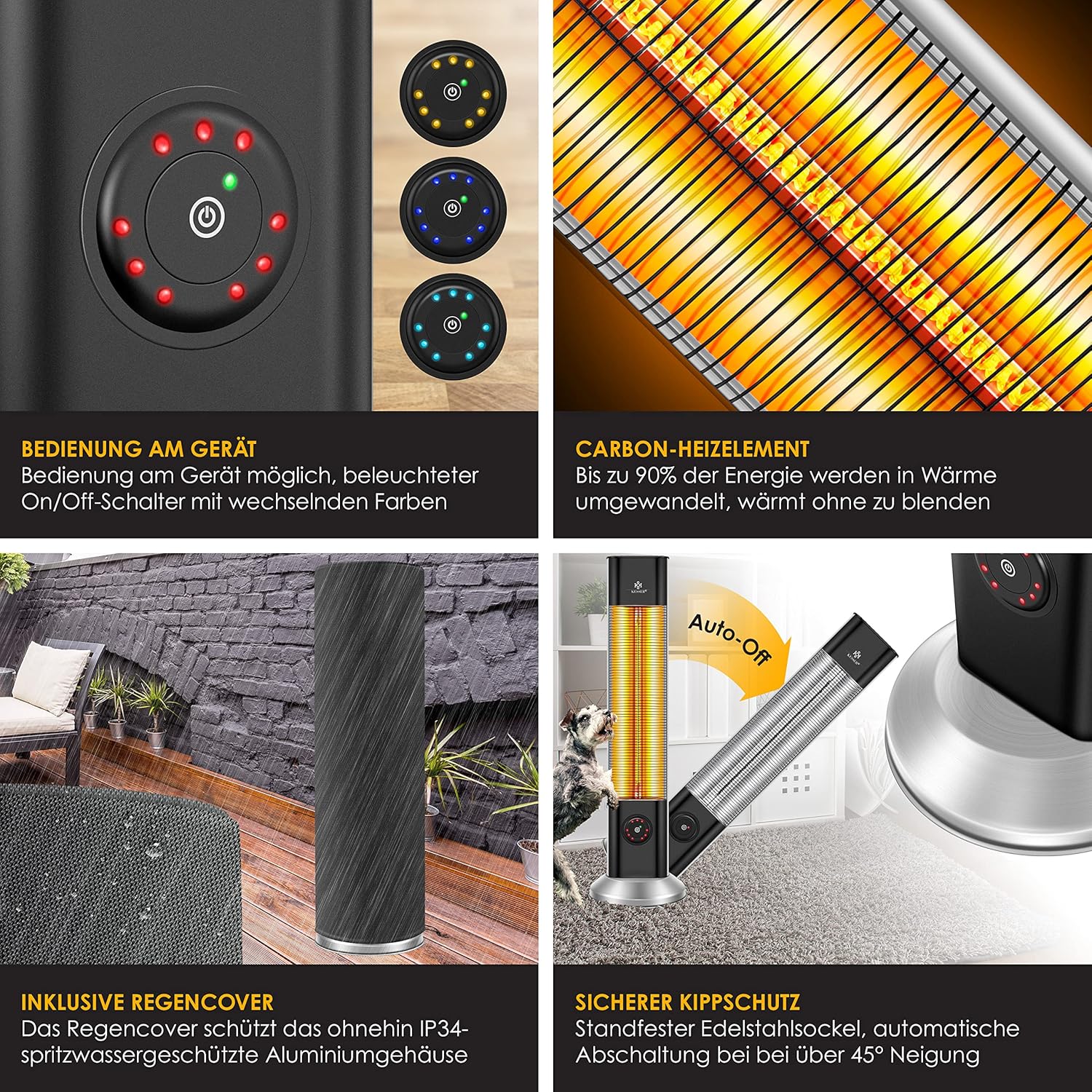 KESSER® Staande warmtestraler, infrarood staande warmtestraler, incl. beschermhoes, warmtestraler, terras, infraroodstraler, torenverwarming, 2000 W, terrasstraler, staande verwarming met