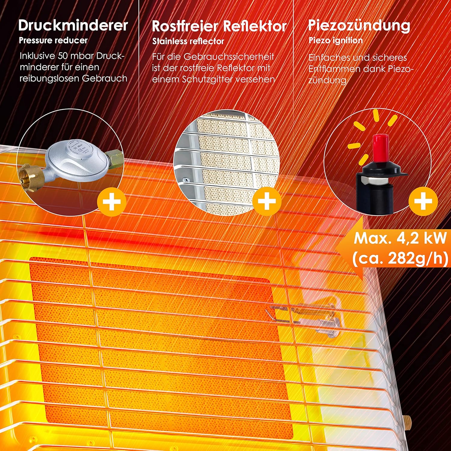 KESSER Gasheater warmtestraler gas opzetstuk straler incl. piëzo-ontsteking slang & regelaar flessenhouder gaskachel opzetverwarming aangedreven met propaan - voor 5 kg of 11 flessen, zilver