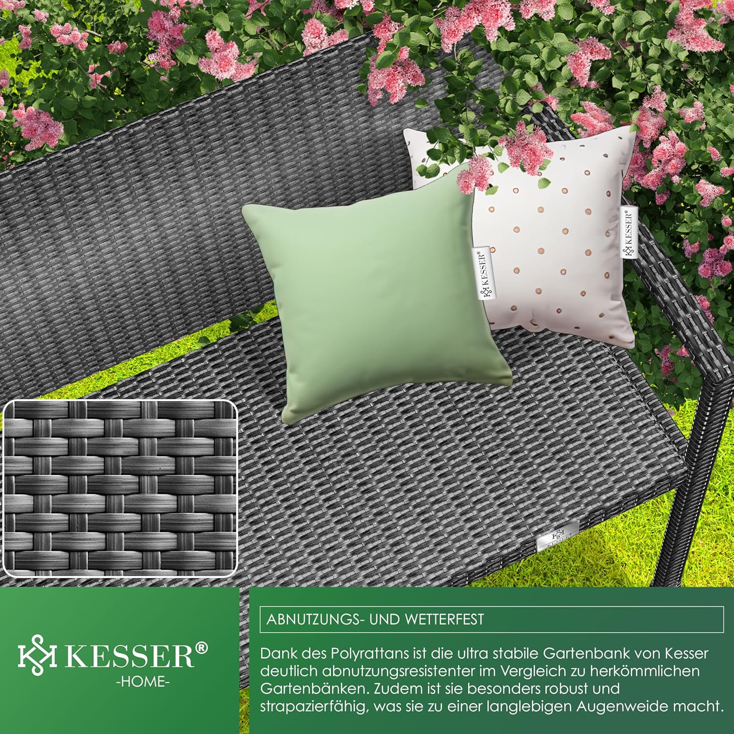 KESSER® Tuinbank, polyrotan, 2-zits, weerbestendig, uv-bestendig, tot 320 kg belastbaar, balkonbank, 125 x 62 x 90 cm, tuinmeubelen met cover en ergonomische armleuningen voor 2 personen, antraciet