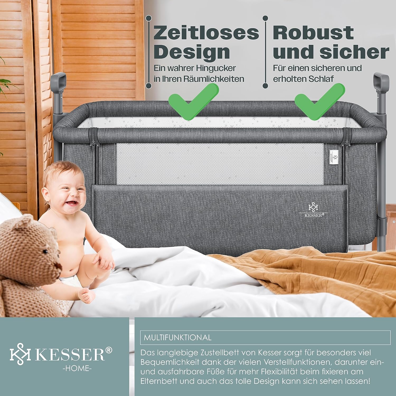 KESSER® 3in1 Ledikant - Babybed - Verstelbaar - Inklapbaar - Grijs •