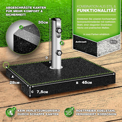 tillvex® Granit Parasolstandaard met transportgreep, 25 kg, rechthoekig, parasolstandaard, parasol met roestvrijstalen buis, balkonparasolstandaard voor parasolstokken 16-48 mm en 250 cm diameter