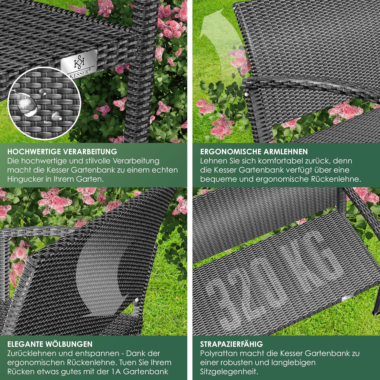 KESSER® Tuinbank, polyrotan, 2-zits, weerbestendig, uv-bestendig, tot 320 kg belastbaar, balkonbank, 125 x 62 x 90 cm, tuinmeubelen met cover en ergonomische armleuningen voor 2 personen, antraciet