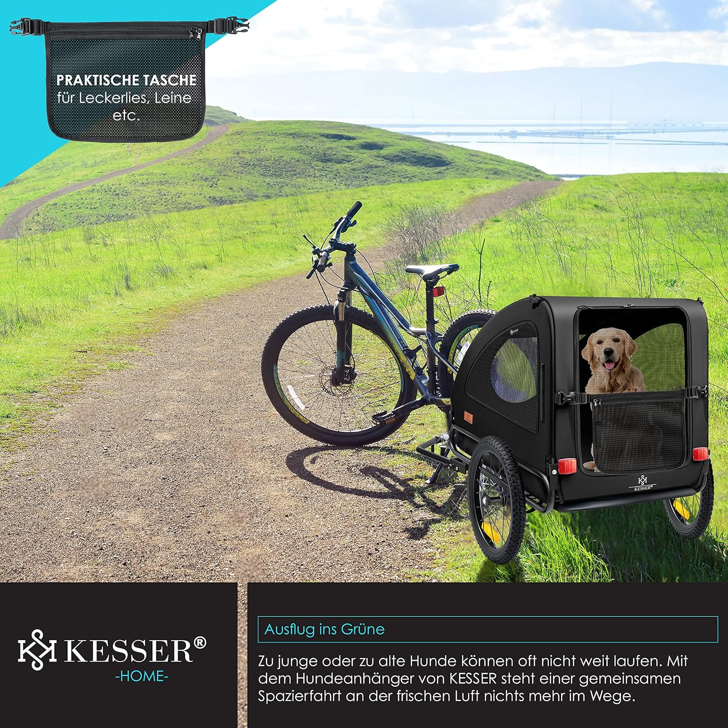 KESSER® Hundeanhänger Boxer 2-in-1 Hundebuggy Fahrradanhänger groß ca. 250L Volumen - Inkl. Fahne und Tasche - 600D Oxford Canvas, Klappbar SmartSpace Concept, max. 45kg