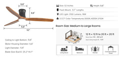 Sofucor 132cm moderne plafondventilator met verlichting en afstandsbediening, 3 massief houten bladen – wit/geel