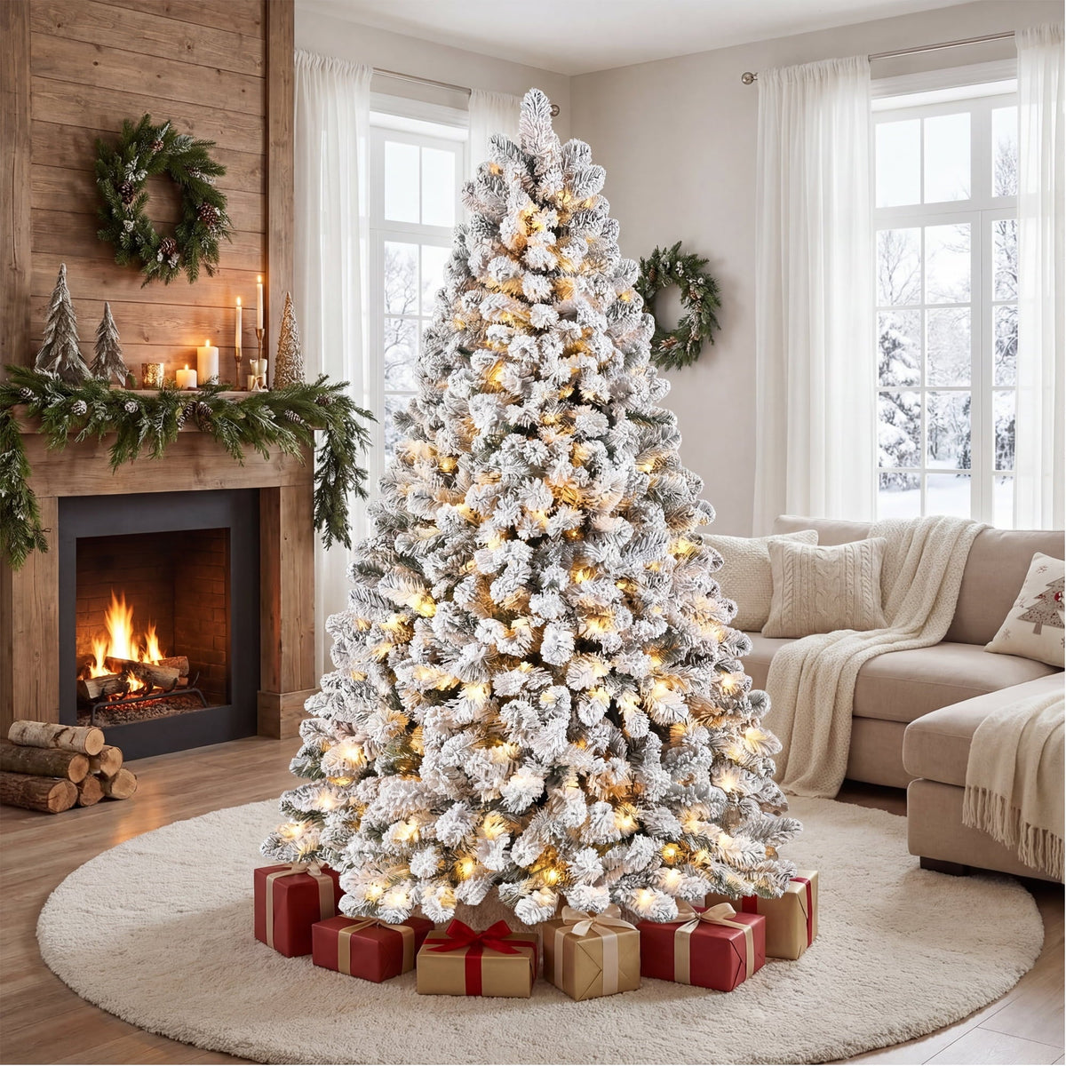 Furnibear Kerstboom, 1.80 m voorverlichte, met kunstsneeuw bedekte kerstboom, 1000 takpunten met 250 warmwitte lampjes en automatische opfluffing