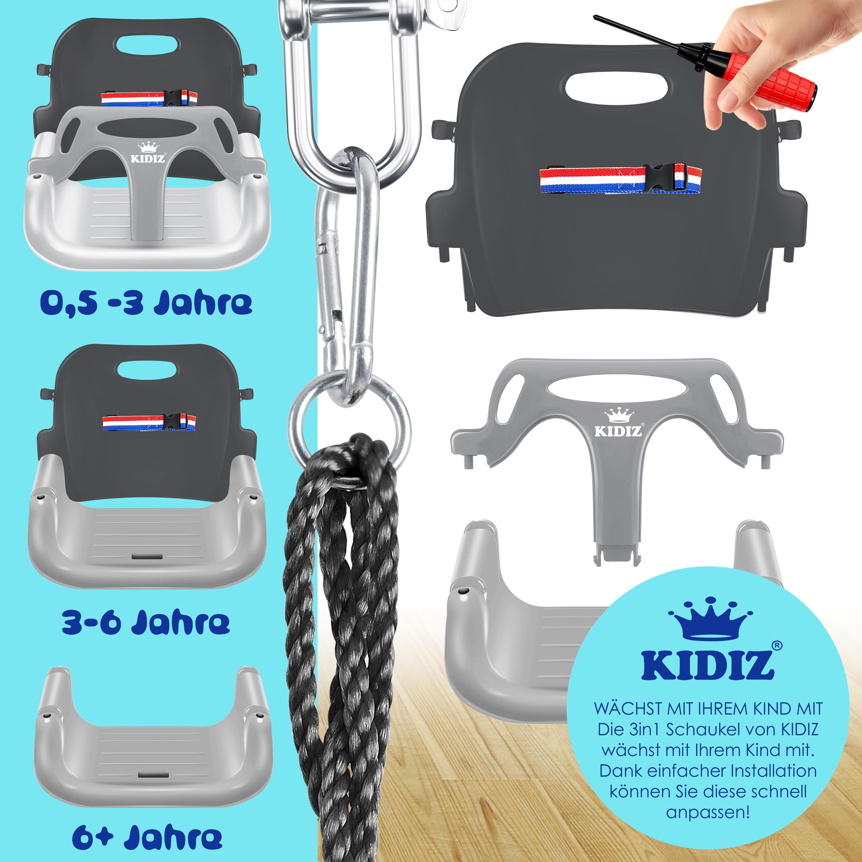 KIDIZ® Baby Schommel - Binnen & buiten - Kinderschommel - Verstelbaar - Grijs