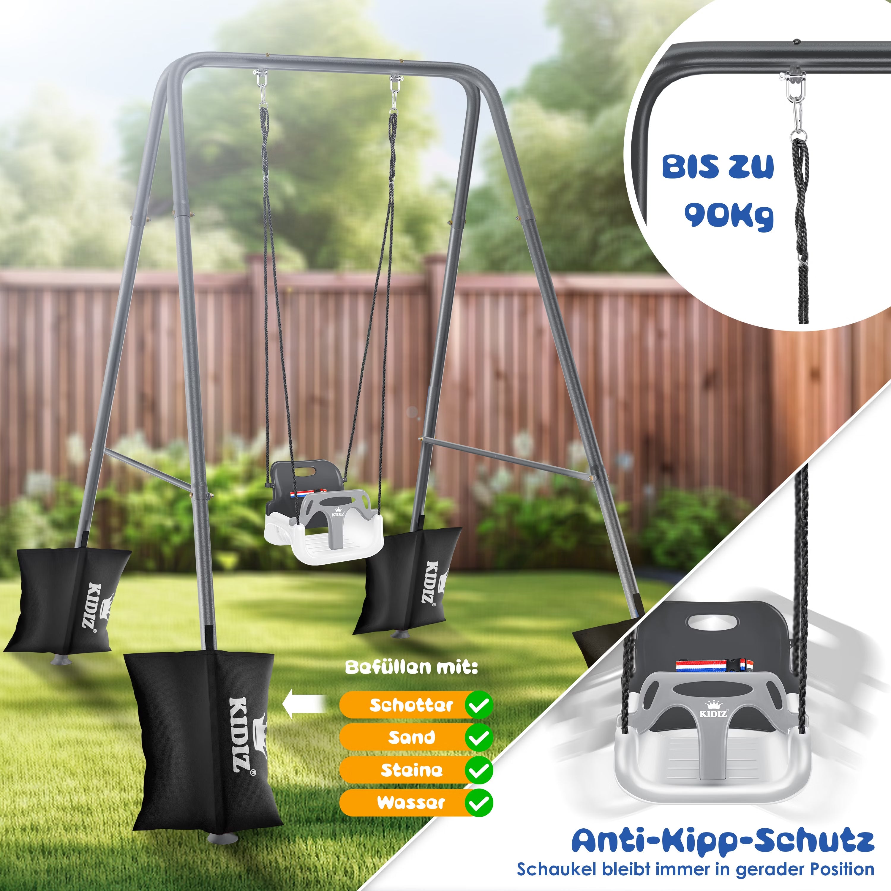 KIDIZ® Baby Schommel - Binnen & buiten - Kinderschommel - Verstelbaar - Grijs