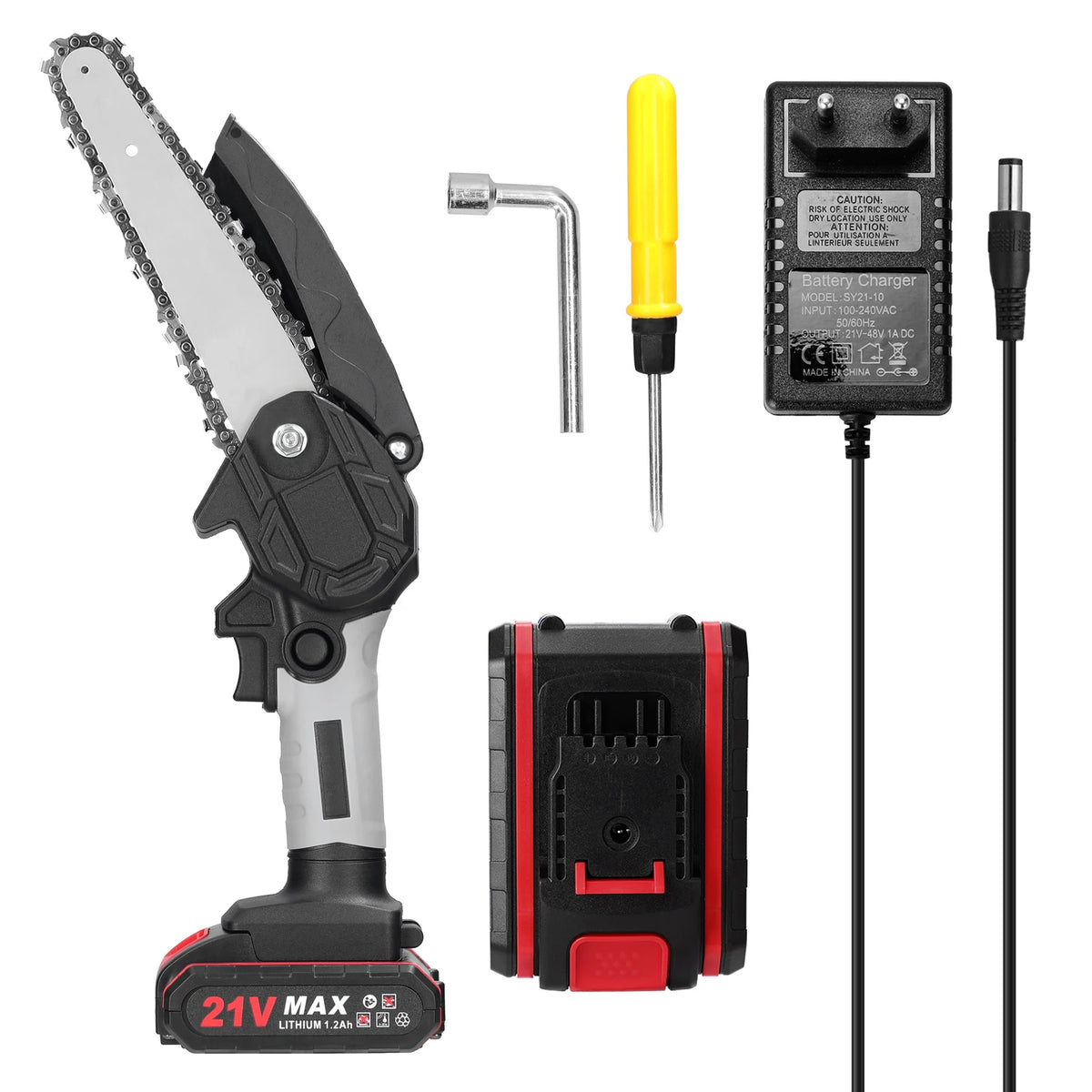 21V 6-inch draagbare elektrische snoeizaag Kleine splitter kettingzaag borstelmotor eenhand houtbewerkingsgereedschap (met batterij)