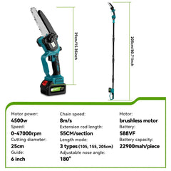 ONEGREEN 4500W 6Inch Borstelloze Telescopische Paal Elektrische Kettingzaag 205CM Oplaadbare Tuinieren Power Tool Voor 21V 18V Batterij