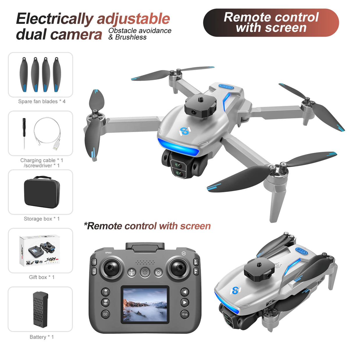 S181 RC Drone 8K Professional Dual HD Camera Optical Flow with Screen Light Brushless 360 Obstacle Avoidance WIFI FPV RC Dron