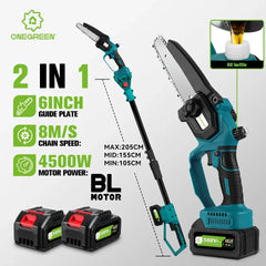 ONEGREEN 4500W 6Inch Borstelloze Telescopische Paal Elektrische Kettingzaag 205CM Oplaadbare Tuinieren Power Tool Voor 21V 18V Batterij
