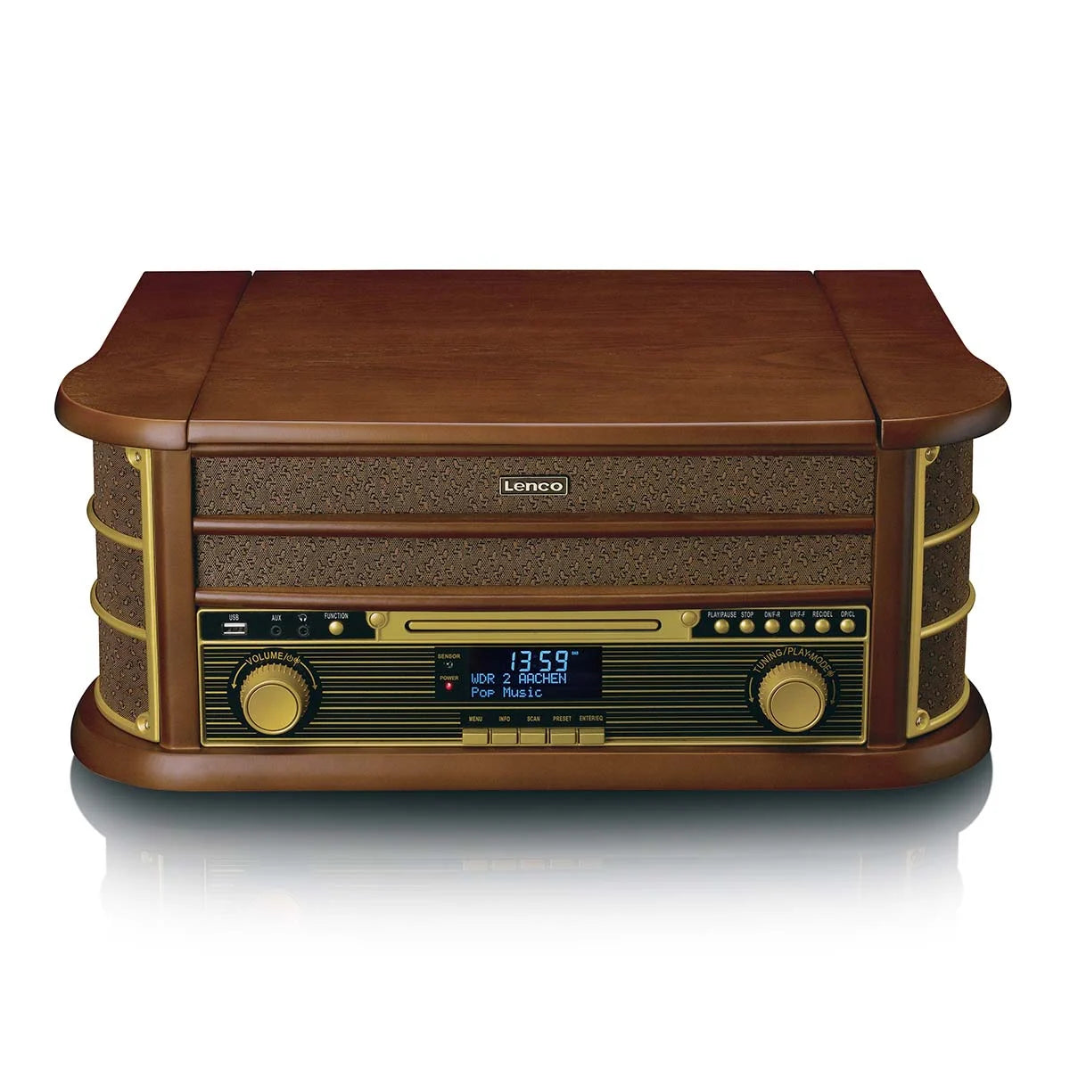 LENCO Houten retro platenspeler met Bluetooth®, DAB+/FM Radio, USB encoding, CD-speler, Cassettespeler en ingebouwde speakers
