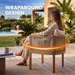 Wahson Set van 2 tuinstoelen met gevlochten touwrugleuning, buitenfauteuils met metalen frame, buitenstoel voor terras, binnenplaats, balkon, Beige