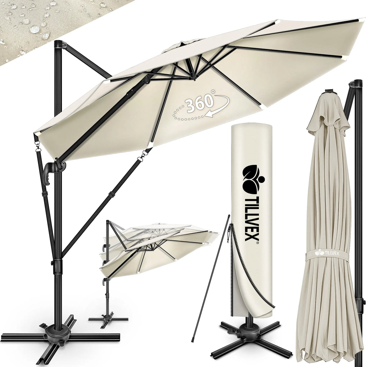 Zweefparasol - Tuinparasol - Parasol 330 cm - Met voet - Met Parasolhoes - Beige - Tillvex