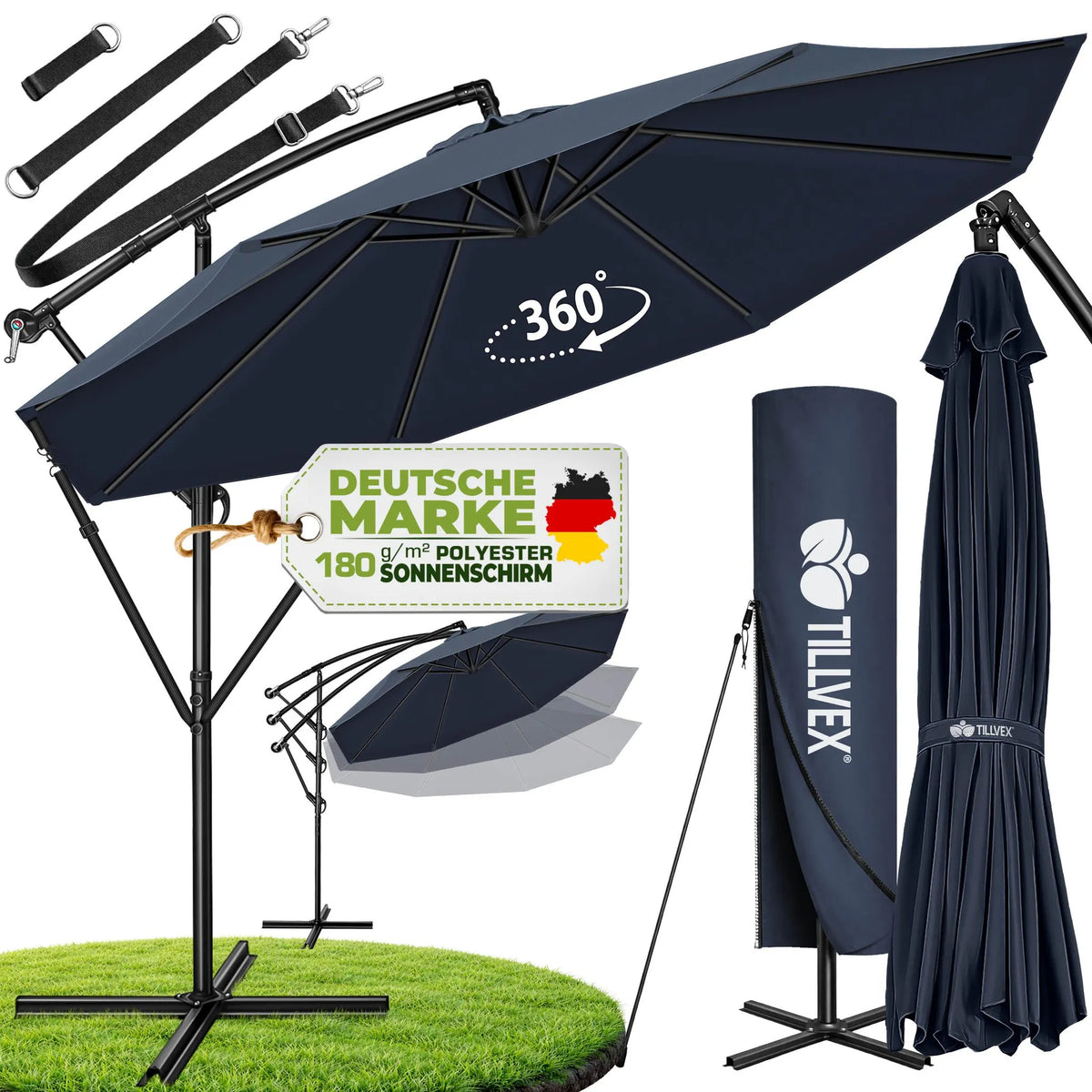 Zweefparasol - Tuinparasol - Parasol 300 cm - Met voet - Met Parasolhoes - Blauw - Tillvex