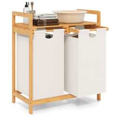 COSTWAY Bamboe Wasmand met Twee Compartimenten 2-Sectie Wasserij Sorter Mand met Afneembare Glijdende Zakken & Bovenste Plank