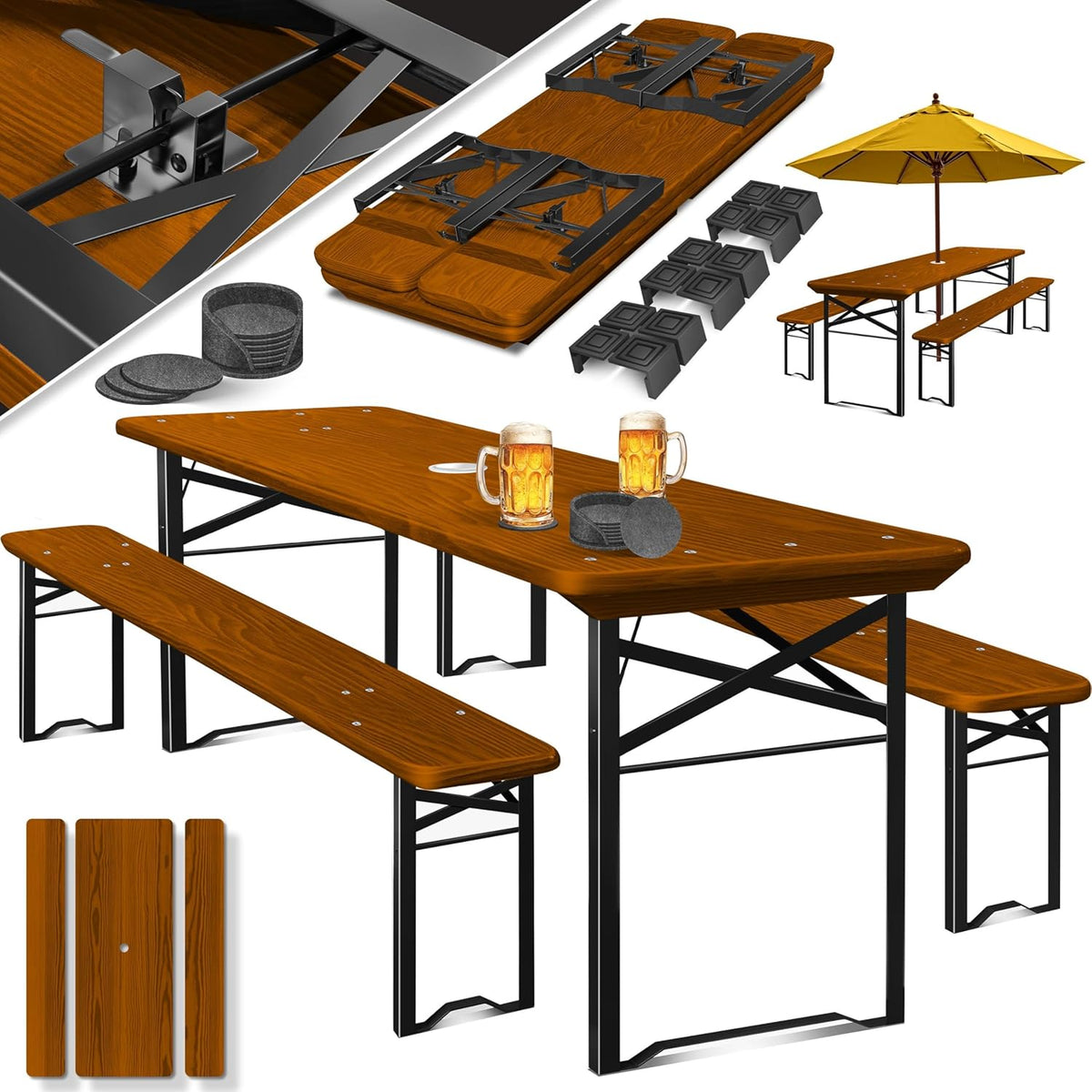 KESSER Biertafel – tuintafel met banken – 220 x 50 x 75cm- opvouwbaar – hout – bruin