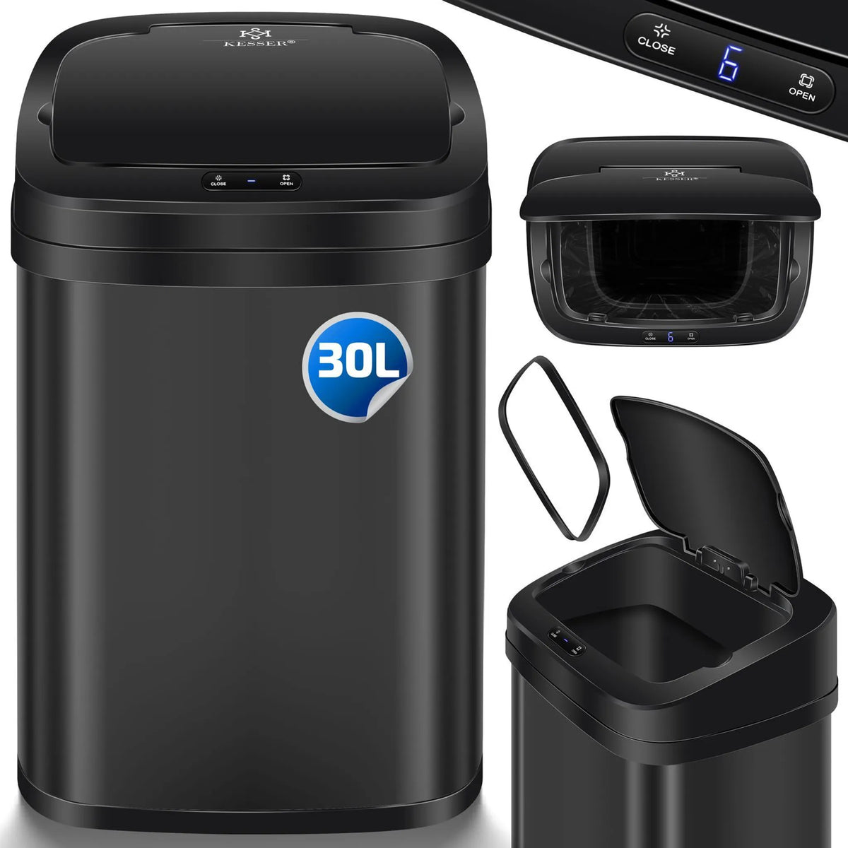 KESSER® Vuilnisemmer voor in de keuken, 30 liter, automatisch met bewegingssensor, afvalemmer en soft-close-deksel, vuilnisemmer met touch-bedieningspaneel en sensor, lcd-display, roestvrij staal,
