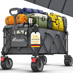 TRESKO® Bolderkar, opvouwbaar, 215 l, met rem, inklapbaar, 150 kg, incl. massief rubberen banden, opvouwbare strandwagen, extra brede all-terrain wielen, transportwagen met draagtas (donkergrijs)