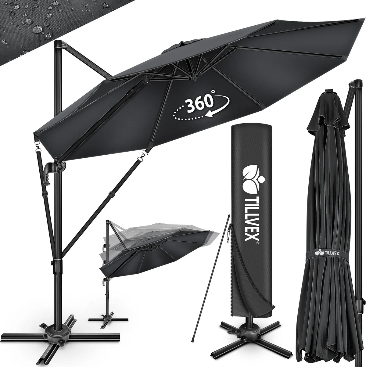 Zweefparasol - Tuinparasol - Parasol 300 cm - Met voet - Met Parasolhoes - Antraciet - Tillvex