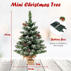COSTWAY 64 cm Kunstkerstboom Tafelkerstboom Mini Kerstboom Sneeuwgevulde Kerstboom met 8 Lichtstanden en 75 takken met Sneeuw