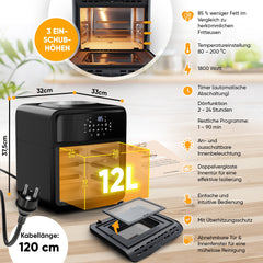 STILLSTERN Airfryer 12L - Mini-oven, automatische deur, grillspit en grillmandje, 1800W