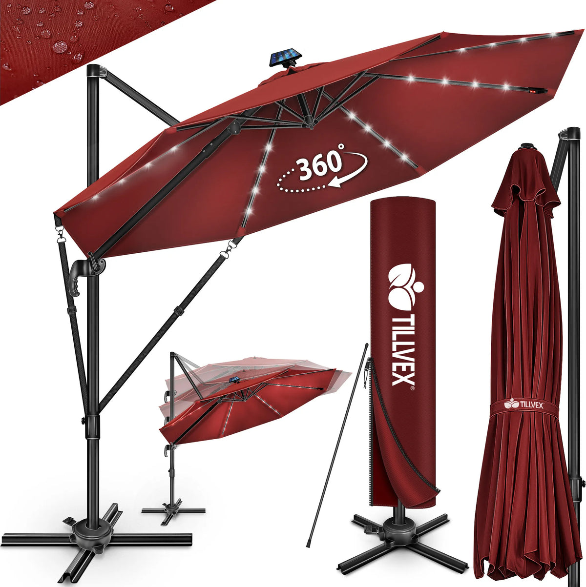 tillvex® Premium Aluminium Parasol Ø300 cm Rood + Hoes & Windbescherming | Zweefparasol, 6-voudig verstelbaar met slinger | Tuinparasol, 360° draaibaar, kantelbaar | Parasol met slinger, UV50+, Groot, Waterdicht