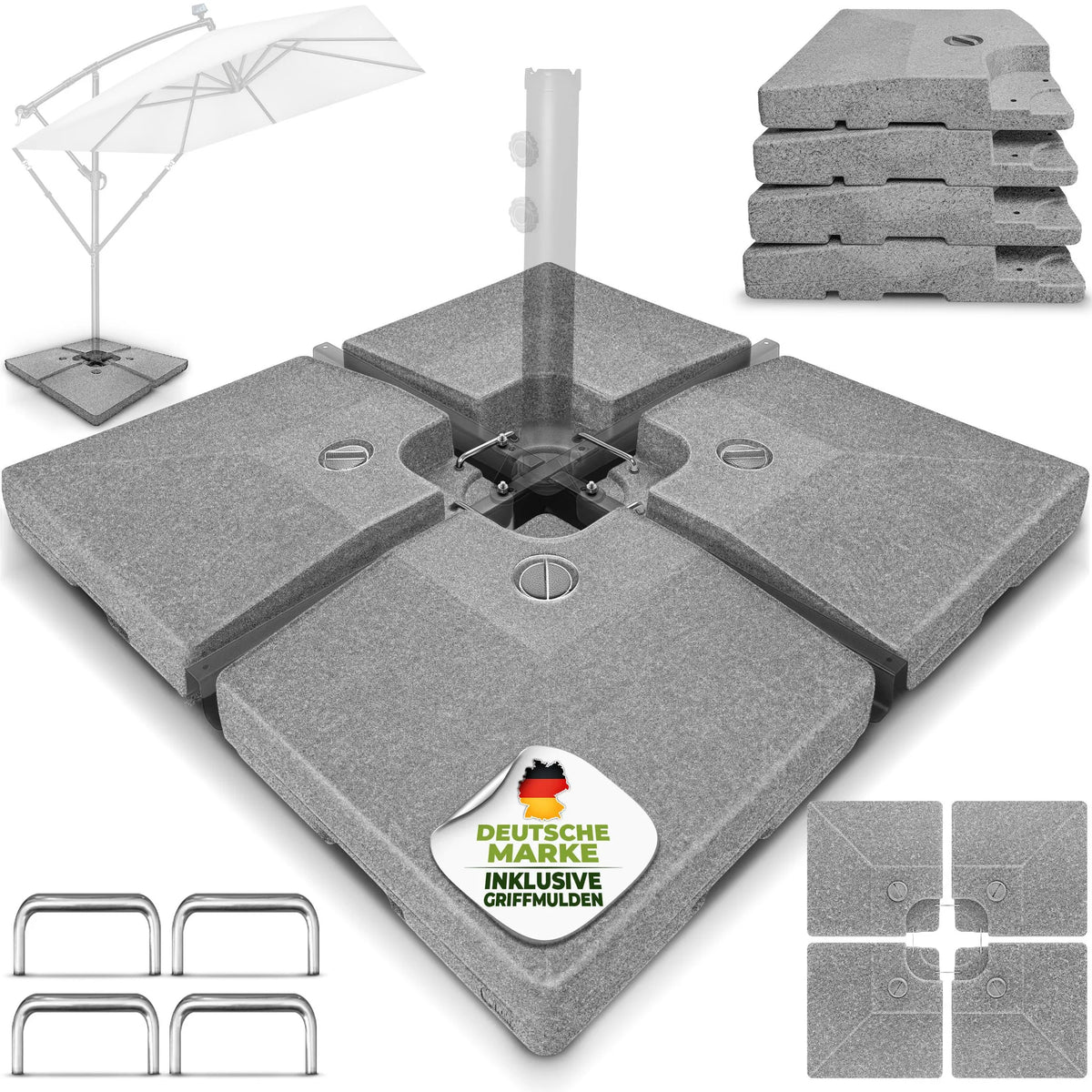 tillvex® Parasolstandaard, 90 liter, 120 kg, 4-delig, voor zweefparasol, incl. metalen verbinding, parasolgewicht te vullen met water of zand, parasolstandaard, weerbestendig, grijs