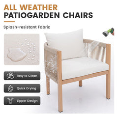 Wahson Set van 2 tuinstoelen met gevlochten touwrugleuning, buitenfauteuils met metalen frame, buitenstoel voor terras, binnenplaats, balkon, Beige