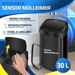 KESSER® Vuilnisemmer voor in de keuken, 30 liter, automatisch met bewegingssensor, afvalemmer en soft-close-deksel, vuilnisemmer met touch-bedieningspaneel en sensor, lcd-display, roestvrij staal,