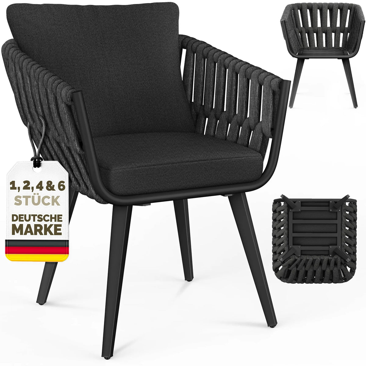 tillvex® Tuinstoel, 1 stuk, weerbestendig, met armleuning, outdoorstoelen tot 160 kg belastbaar, tuinstoelen, uv-bestendig, terrasstoel, fauteuil, tuinmeubelen, terras, balkon, tuin, grijs