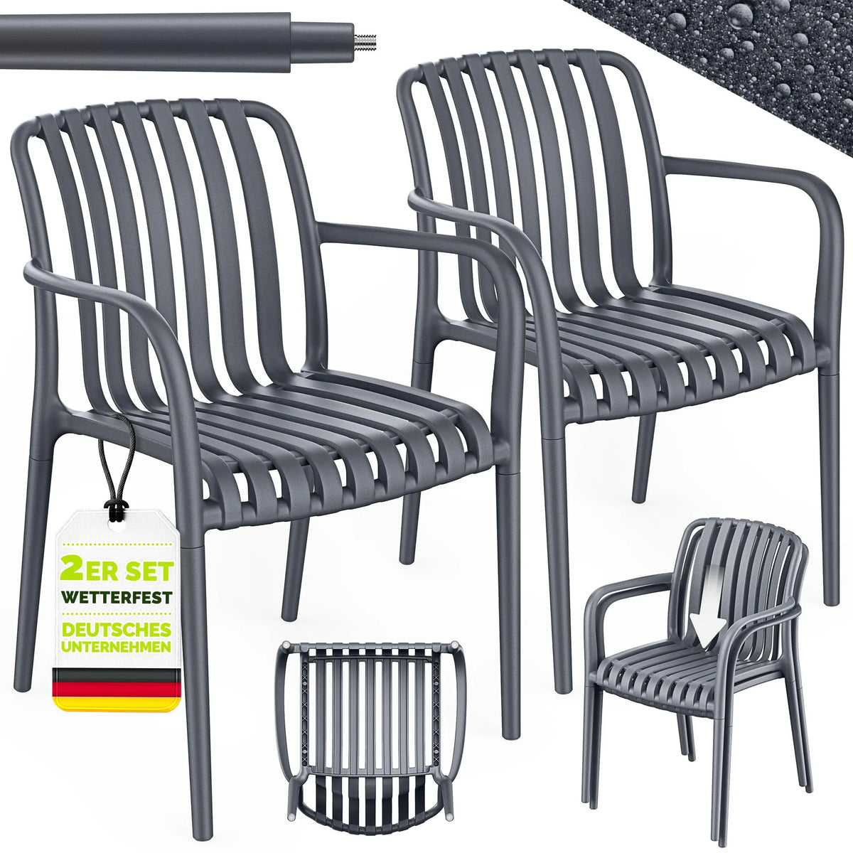Tuinstoelen - Weerbestendig - Met armleuning - Set van 2 - Antraciet - Tillvex®