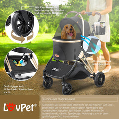 LOVPET Hondenbuggy 3in1 – hondenwagen huisdierbuggy met transporttas – 360° grote wielen –  opvouwbaar – zwart / champagne