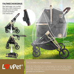 LOVPET Hondenbuggy 3in1 – hondenwagen huisdierbuggy met transporttas – 360° grote wielen –  opvouwbaar – zwart / champagne