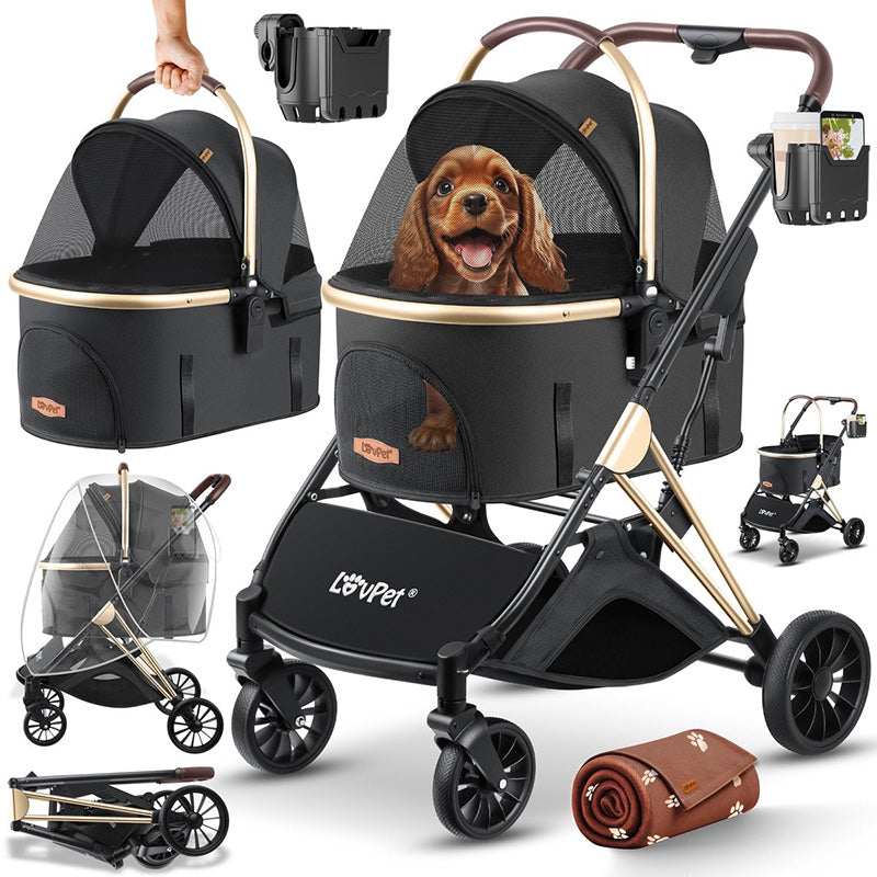 LOVPET Hondenbuggy 3in1 – hondenwagen huisdierbuggy met transporttas – 360° grote wielen –  opvouwbaar – zwart / champagne