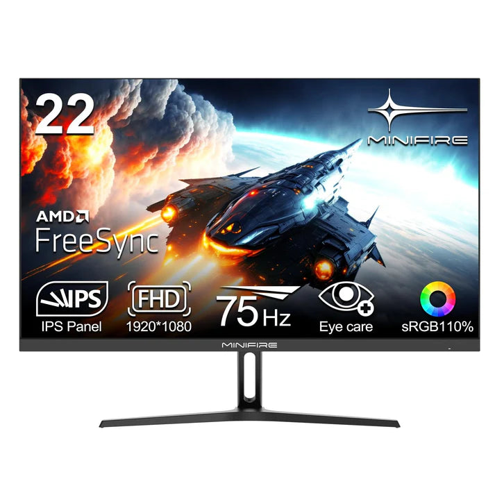 Minifire 22 inch FHD (1920 x 1080) gaming pc-monitor, IPS, 75 Hz, 5 ms, 110% sRGB, lage blauwlichtmodus, 178° kijkhoek, ultradun design, adaptieve synchronisatie, VGA en HDMI -MF22F2