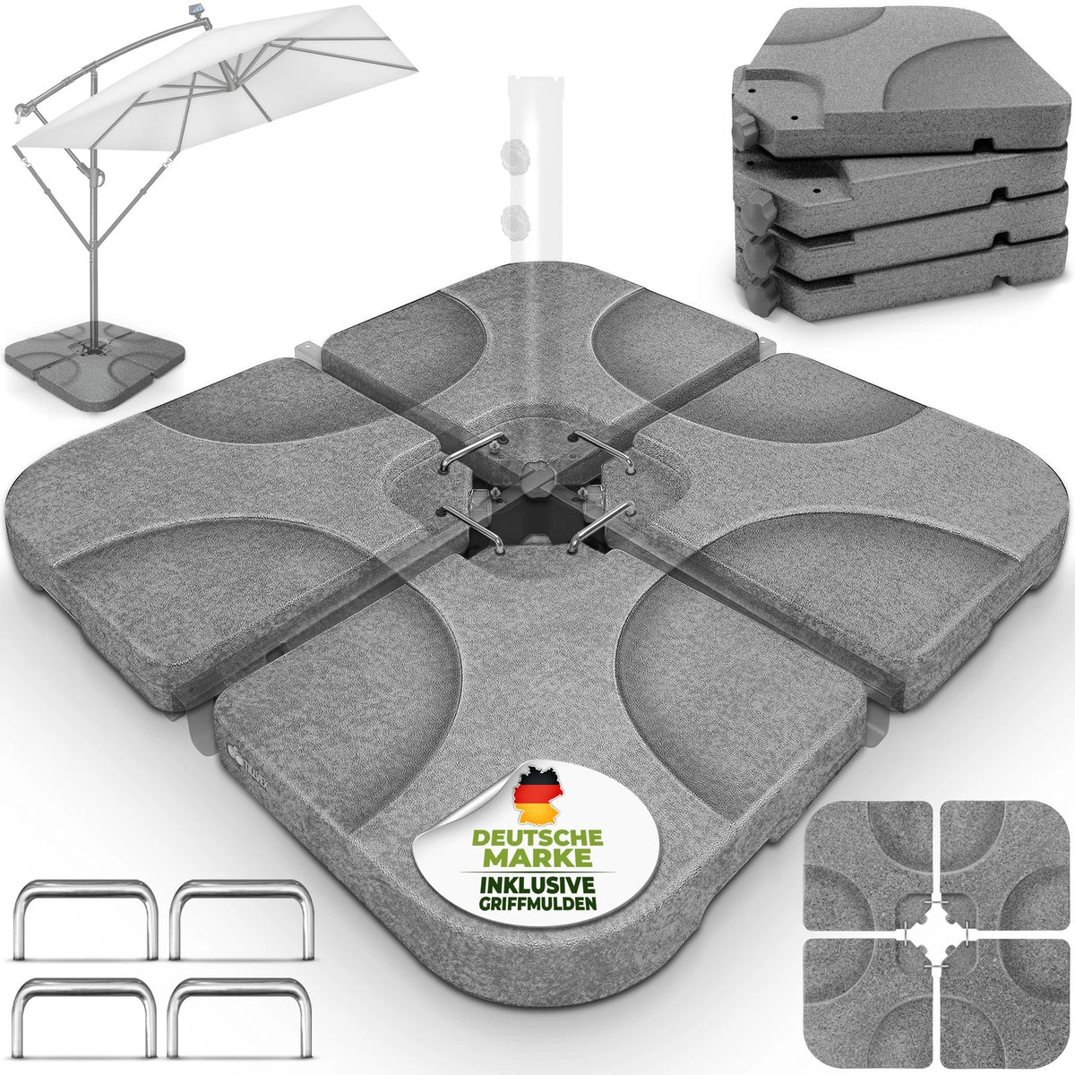 tillvex® Parasolstandaard, 60 liter, 80 kg, 4-delig, voor zweefparasol, incl. metalen verbinding, parasolgewicht kan worden gevuld met water of zand, parasolstandaard, weerbestendig, grijs