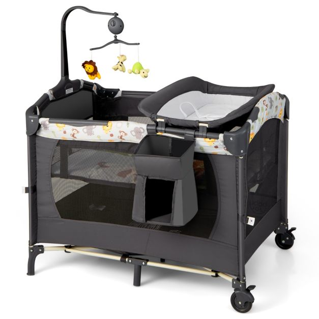 COSTWAY 4-In-1 Inklapbaar Reisbed Bijzetbed Verschoontafel en Box Rolbaar 2 Niveaus Babybed Incl. Matras Aankleedkussen Muziekdoos (Grijs)